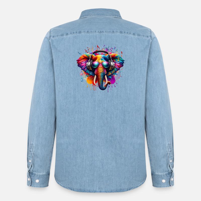 Bunter Elefant mit Kopfhörern - Männer Jeanshemd Organic von Stanley/Stella - verwaschenes Hellblau