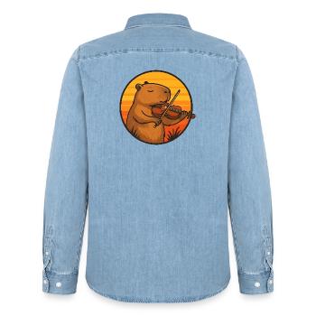 Capybara spielt Geige im Sonnenuntergang - Männer Jeanshemd Organic von Stanley/Stella - verwaschenes Hellblau - Hinten - AI Model Male 185 light (185cm)