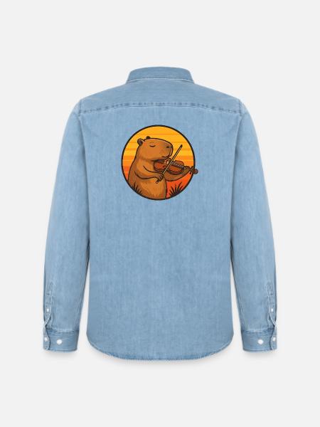 Capybara plays violin in sunset - Men’s Organic Denim Shirt by Stanley/Stella - light wash