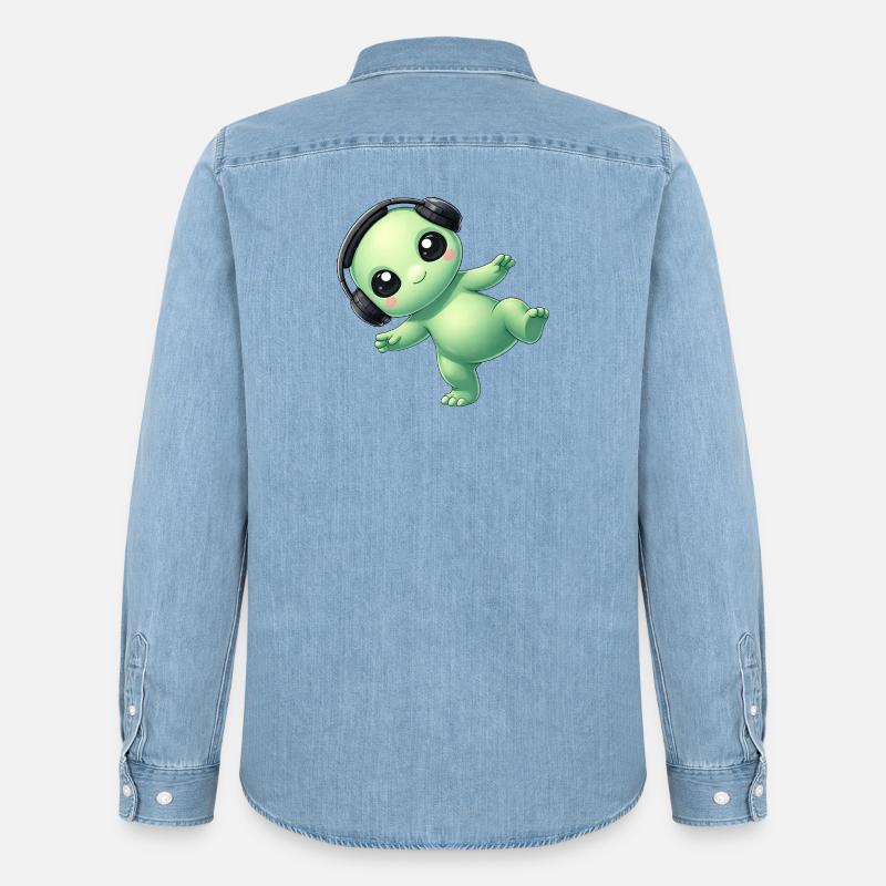 Alien Alien med hovedtelefoner Techno Dancing - Stanley/Stella herre denimskjorte økologisk - afbleget lyseblå