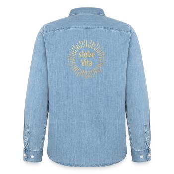 Sonne Dolce Vita Gold Lifestyle Print Bürohumor - Männer Jeanshemd Organic von Stanley/Stella - verwaschenes Hellblau - Hinten - AI Model Male 185 light (185cm)