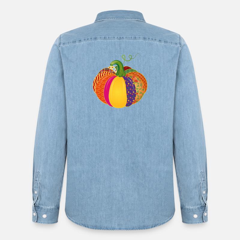Patchwork Kürbis – Bunt gemusterte Herbstdeko - Männer Jeanshemd Organic von Stanley/Stella - verwaschenes Hellblau