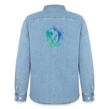 Floorball motif for real lovers - Men’s Organic Denim Shirt by Stanley/Stella - light wash - Back - AI Model Male 185 light (185cm)