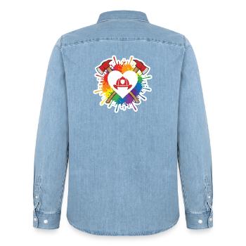 Firefighter Heart Rainbow Pride Love Axe - Men’s Organic Denim Shirt by Stanley/Stella - light wash - Back - AI Model Male 185 light (185cm)