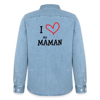 J'aime ma maman - Fête des Mères - Chemise en denim homme bio Stanley/Stella - bleu clair délavé - Dos - AI Model Male 185 light (185cm)
