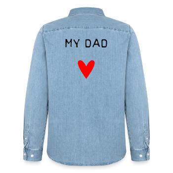 DAD. FATHER'S DAY. HAPPY FATHER'S DAY. HAPPY BIRTHDAY. - Men’s Organic Denim Shirt by Stanley/Stella - light wash - Back - AI Model Male 185 light (185cm)