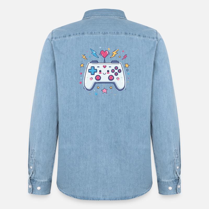 Herzcontroller Doodle Pixel Pop - Männer Jeanshemd Organic von Stanley/Stella - verwaschenes Hellblau
