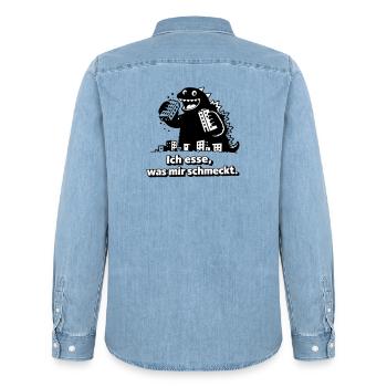 Monster isst, was ihm schmeckt - Männer Jeanshemd Organic von Stanley/Stella - verwaschenes Hellblau - Hinten - AI Model Male 185 light (185cm)
