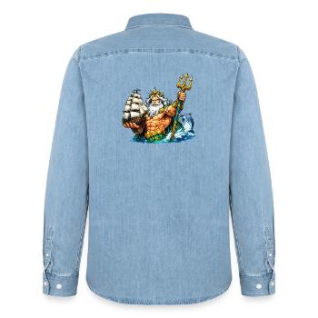 Neptun mit Seegelschiff - Männer Jeanshemd Organic von Stanley/Stella - verwaschenes Hellblau - Hinten - AI Model Male 185 light (185cm)