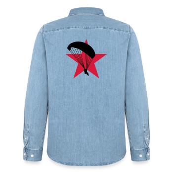 Paragliding / Paraglider / Parapente / Gleitschirm - Men’s Organic Denim Shirt by Stanley/Stella - light wash - Back - AI Model Male 185 light (185cm)