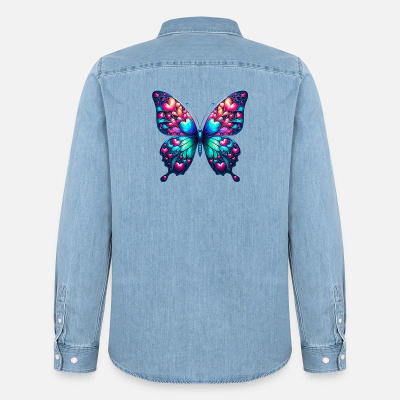 Sommerfuglhjerte hjerter små hjerter lite hjerte - Denimskjorte herre økologisk Stanley/Stella - blåvasket lyseblå
