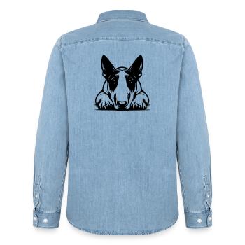 Bull Terrier Head with Paws - Men’s Organic Denim Shirt by Stanley/Stella - light wash - Back - AI Model Male 185 light (185cm)