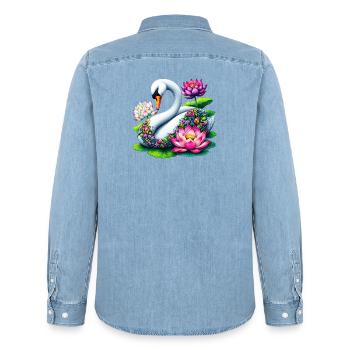 Cygne décoré de fleurs de lotus - Chemise en denim homme bio Stanley/Stella - bleu clair délavé - Dos - AI Model Male 185 light (185cm)