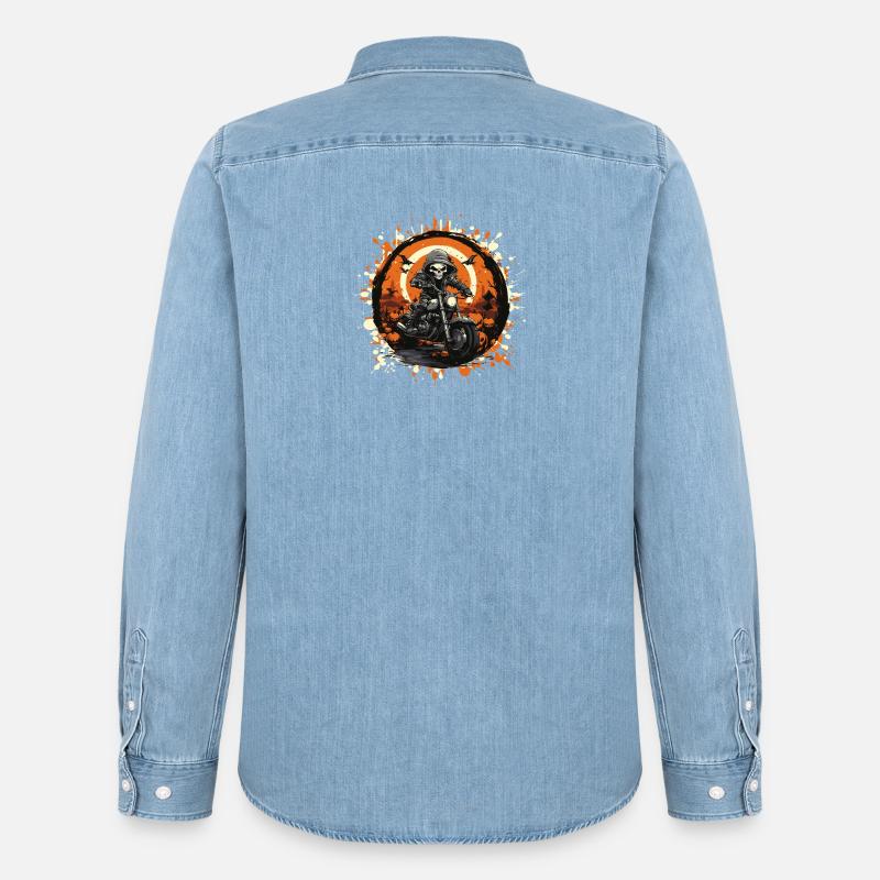 Skelett Biker im Halloween Ring - Männer Jeanshemd Organic von Stanley/Stella - verwaschenes Hellblau