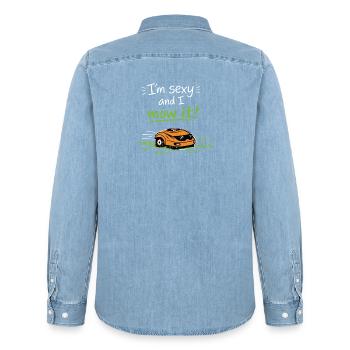 Je suis sexy et je la tonds – Lustiger Rasen Spruch - Chemise en denim homme bio Stanley/Stella - bleu clair délavé - Dos - AI Model Male 185 light (185cm)