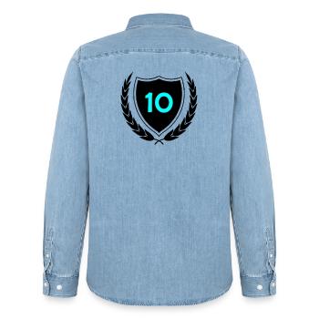 Neon Ten Numeral Print - Men’s Organic Denim Shirt by Stanley/Stella - light wash - Back - AI Model Male 185 light (185cm)