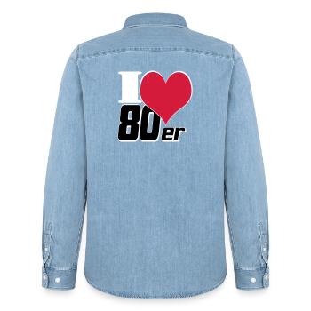 80s Party Retro Fun Shirt, 80s Theme Shirt (25) - Men’s Organic Denim Shirt by Stanley/Stella - light wash - Back - AI Model Male 185 light (185cm)