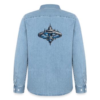 Neonring Raumstation SciFi Kunst - Männer Jeanshemd Organic von Stanley/Stella - verwaschenes Hellblau - Hinten - AI Model Male 185 light (185cm)