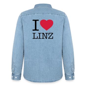 I LOVE LINZ Austria Österreich - Men’s Organic Denim Shirt by Stanley/Stella - light wash - Back - AI Model Male 185 light (185cm)