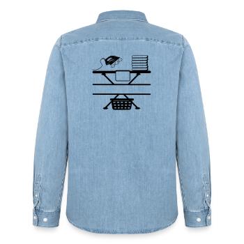 Steam iron iron paste and text banner - Men’s Organic Denim Shirt by Stanley/Stella - light wash - Back - AI Model Male 185 light (185cm)