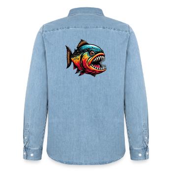 Piranha - Men’s Organic Denim Shirt by Stanley/Stella - light wash - Back - AI Model Male 185 light (185cm)