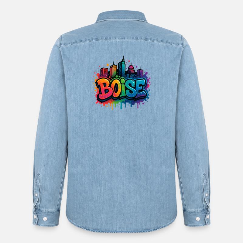 Skyline de graffitis de Boise - Chemise en denim homme bio Stanley/Stella - bleu clair délavé