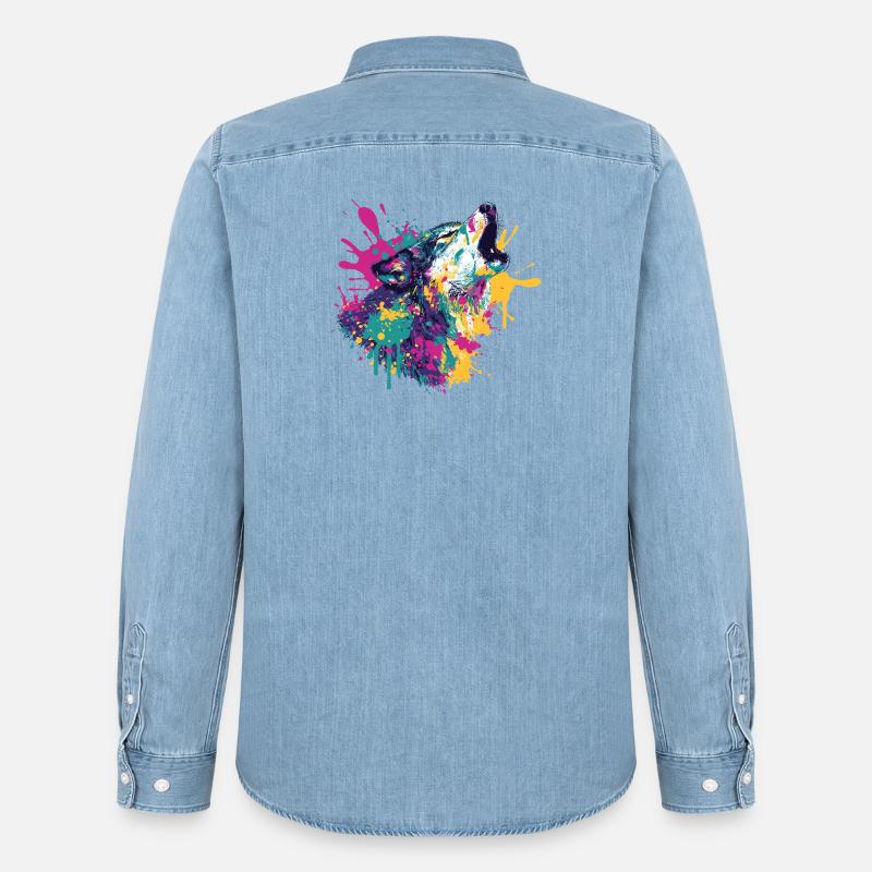 Wolf im Farbexplosion Stil - Männer Jeanshemd Organic von Stanley/Stella - verwaschenes Hellblau