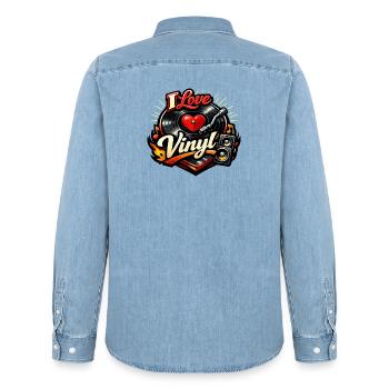 J’adore le vinyle - Chemise en denim homme bio Stanley/Stella - bleu clair délavé - Dos - AI Model Male 185 light (185cm)