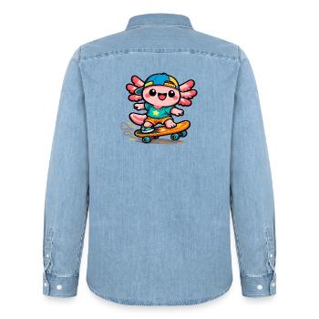 Kawaii Wing Skateboarder Axolotl - Men’s Organic Denim Shirt by Stanley/Stella - light wash - Back - AI Model Male 185 light (185cm)