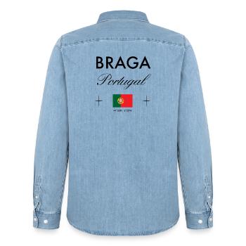 Braga Portugal Koordinaten Reise Souvenir - Männer Jeanshemd Organic von Stanley/Stella - verwaschenes Hellblau - Hinten - AI Model Male 185 light (185cm)