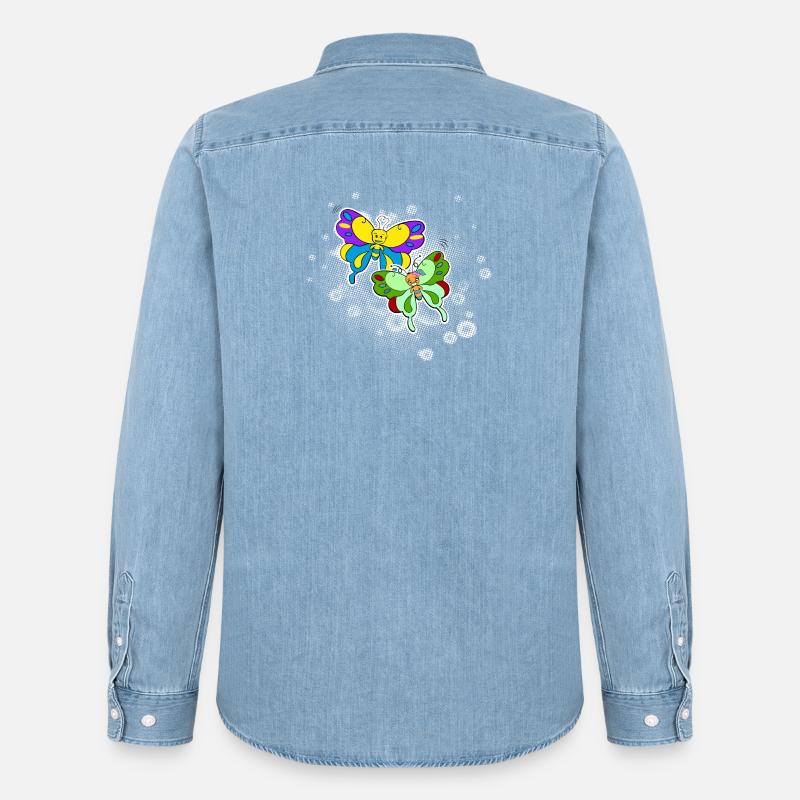 Zwei Schmetterlinge mit Pixelwolke - Männer Jeanshemd Organic von Stanley/Stella - verwaschenes Hellblau