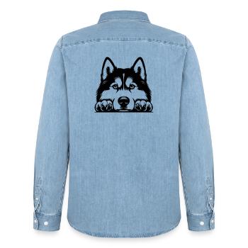 Husky Kopf mit Pfoten - Männer Jeanshemd Organic von Stanley/Stella - verwaschenes Hellblau - Hinten - AI Model Male 185 light (185cm)