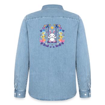 Design joyeux de balançoire de lapin - Chemise en denim homme bio Stanley/Stella - bleu clair délavé - Dos - AI Model Male 185 light (185cm)