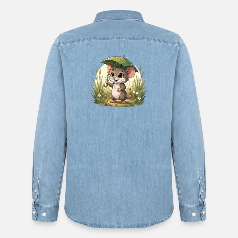 Kleines Mäuschen mit Schirm im Gras - Männer Jeanshemd Organic von Stanley/Stella - verwaschenes Hellblau