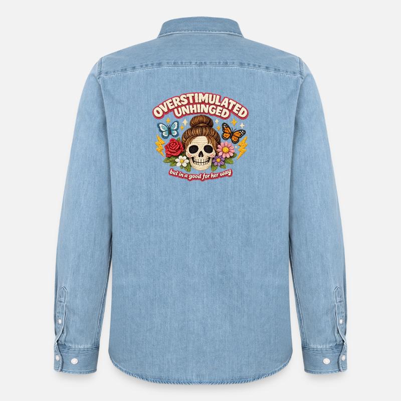 Überstimulierter Schädel mit Blumen Patch - Männer Jeanshemd Organic von Stanley/Stella - verwaschenes Hellblau