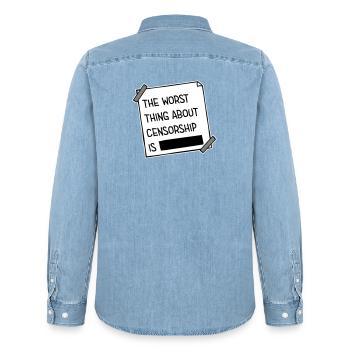 Le pire dans la censure, c’est l’ironie amusante - Chemise en denim homme bio Stanley/Stella - bleu clair délavé - Dos - AI Model Male 185 light (185cm)
