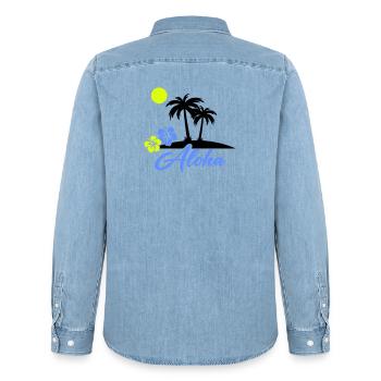 Aloha Hibiscus Neon Script - Men’s Organic Denim Shirt by Stanley/Stella - light wash - Back - AI Model Male 185 light (185cm)
