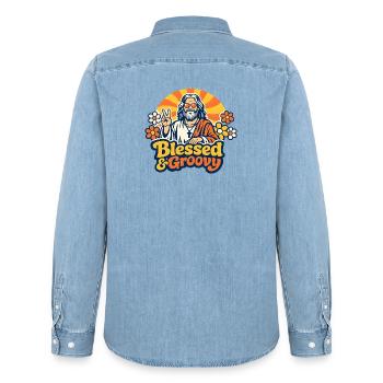 Groovy Jesus Peace - Men’s Organic Denim Shirt by Stanley/Stella - light wash - Back - AI Model Male 185 light (185cm)