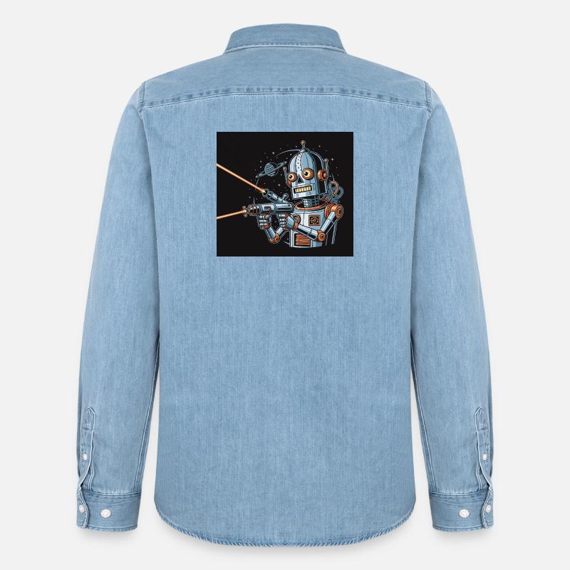 Retro Sci-Fi Roboter mit Laserwaffe - Männer Jeanshemd Organic von Stanley/Stella - verwaschenes Hellblau