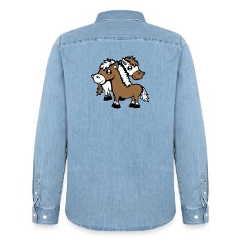 2 Horses Man Woman Lovers Friends Love Team - Men’s Organic Denim Shirt by Stanley/Stella - light wash - Back - AI Model Male 185 light (185cm)