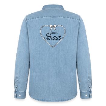 Team Bridal Heart Bow Design - Men’s Organic Denim Shirt by Stanley/Stella - light wash - Back - AI Model Male 185 light (185cm)