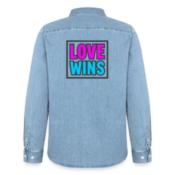 Love Wins Lettering Logo - Men’s Organic Denim Shirt by Stanley/Stella - light wash - Back - AI Model Male 185 light (185cm)