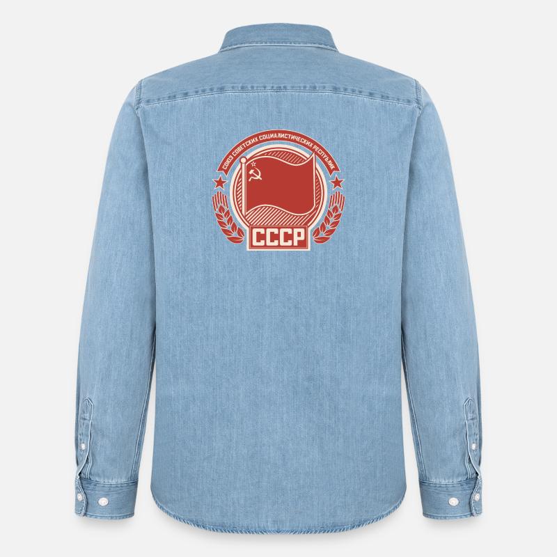 Soviet Emblem Wreath Flag Pattern - Men’s Organic Denim Shirt by Stanley/Stella - light wash