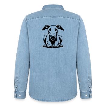 Whippet Head with Paws - Men’s Organic Denim Shirt by Stanley/Stella - light wash - Back - AI Model Male 185 light (185cm)
