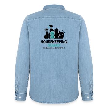 Funny Cleaning Design - Men’s Organic Denim Shirt by Stanley/Stella - light wash - Back - AI Model Male 185 light (185cm)