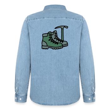 Wanderschuhe Eispickel Bergsteiger Alpen Wanderer - Men’s Organic Denim Shirt by Stanley/Stella - light wash - Back - AI Model Male 185 light (185cm)