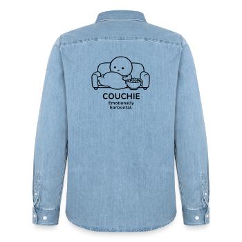 Couchie – Emotionally Horizontal | Cozy Mood - Männer Jeanshemd Organic von Stanley/Stella - verwaschenes Hellblau - Hinten - AI Model Male 185 light (185cm)
