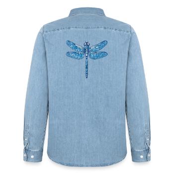 Blue dragonfly illustration in vector style - Men’s Organic Denim Shirt by Stanley/Stella - light wash - Back - AI Model Male 185 light (185cm)