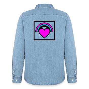 Rainbow Heart Frame Graphic - Men’s Organic Denim Shirt by Stanley/Stella - light wash - Back - AI Model Male 185 light (185cm)
