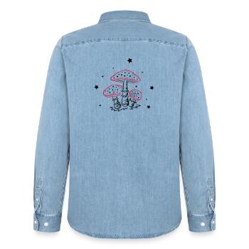 Fly agaric, fungi with stars, mushrooms - Men’s Organic Denim Shirt by Stanley/Stella - light wash - Back - AI Model Male 185 light (185cm)
